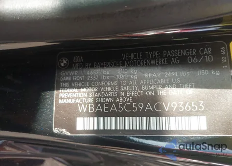 2010 BMW 650I z USA, uszkodzony, nr VIN WBAEA5C59ACV93653